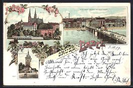 Litho Basel, Rheinbrücke mit Klein-Base