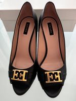Orig. ESCADA Pumps High Heel Peep Toe Leder schwarz Gold 39