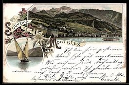 Lithographie Montreux, Vue générale du lac et de la promenad