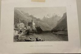 Vieux Visp mit Monte Rosa, Stahlstich, um 1850, antik