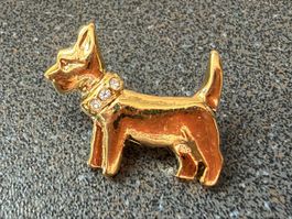 Goldfarbener Hund pin/brosche mit Glitzer, Vintage