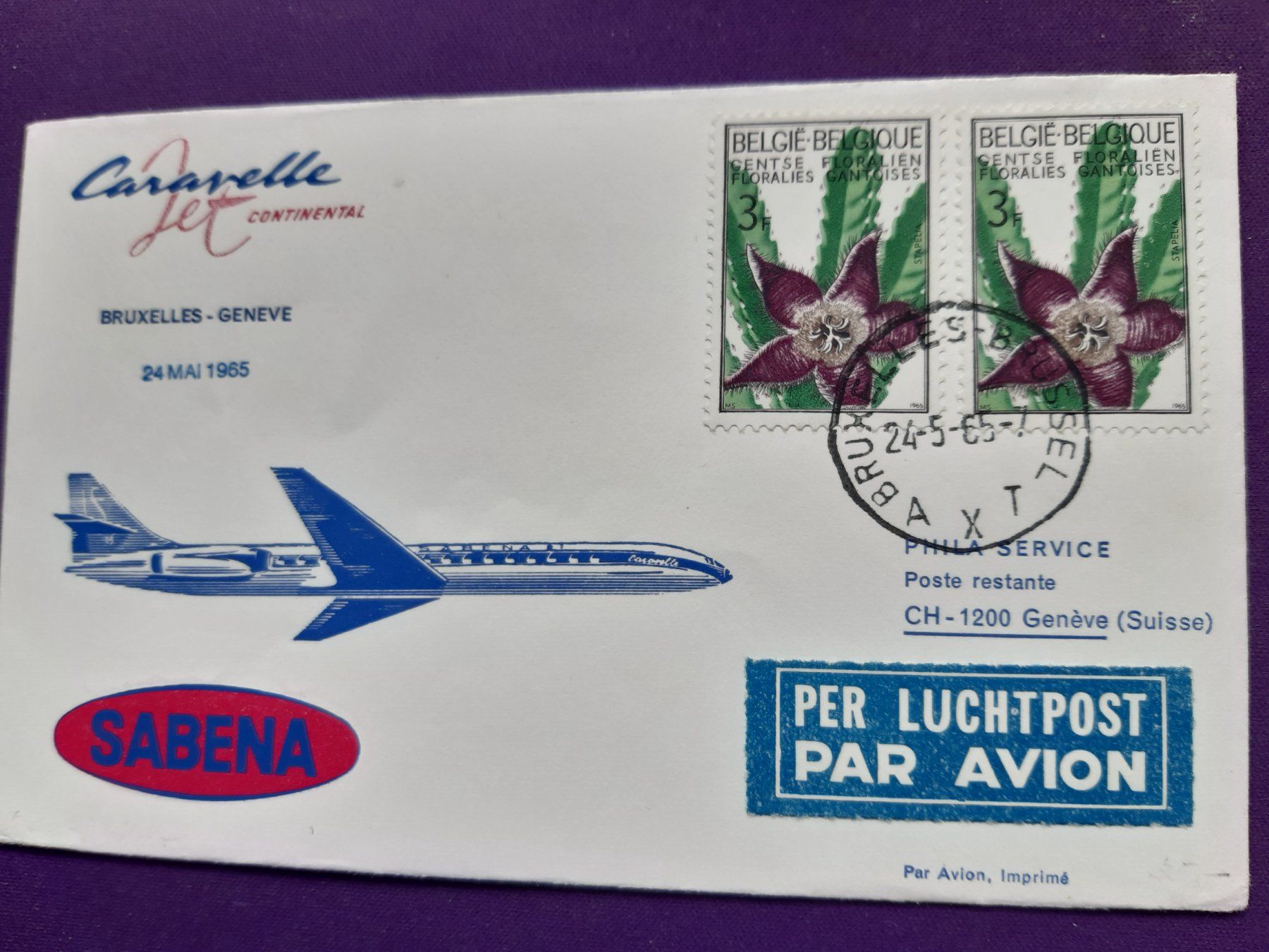 Tutti i francobolli: Flugbrief Brüssel - Genf mit SABENA 24.Mai 1965 – Usato da Wangs venduto da weisstannen01