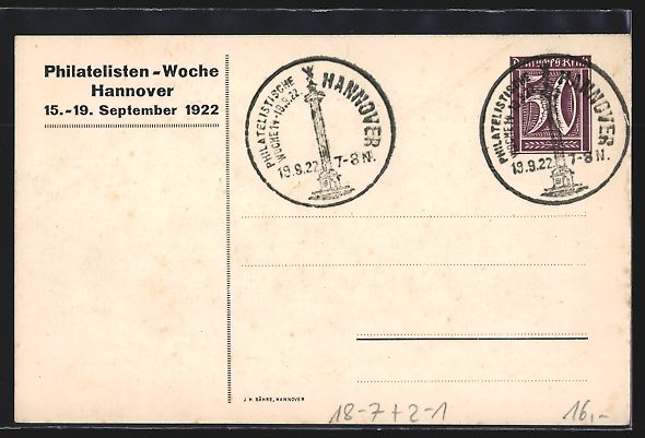 Cancelleria postale: Hannover, Philatelisten-Woche 1922, Stad – Usato da Berlin venduto da bartko-reher 1