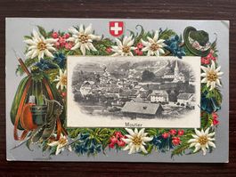 MOUTIER Prägekarte, Alpenblumen, Wappen, 1914