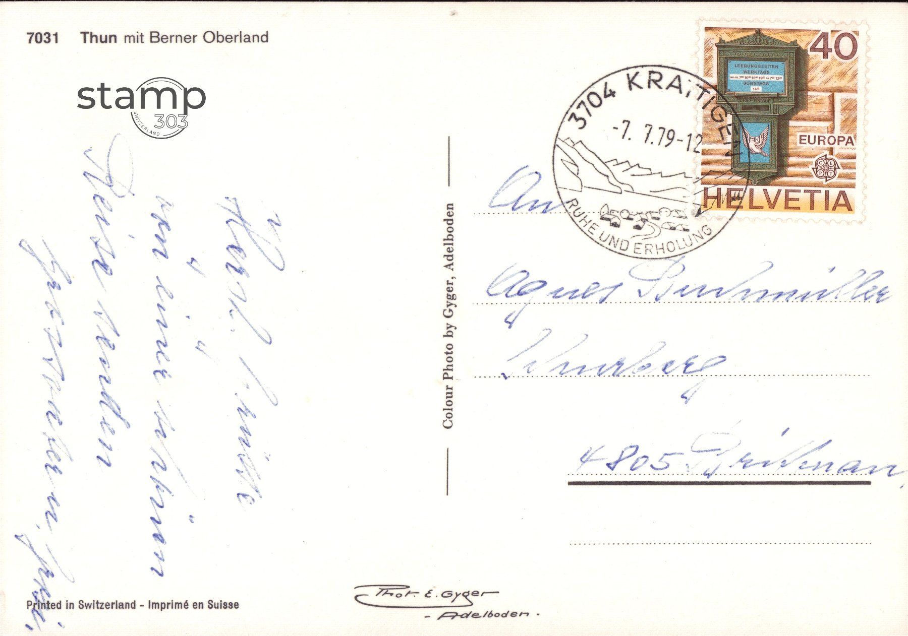 Cartoline postali: 1979 AK Thun mit Berner Oberland Panorama – Usato da Eggersriet venduto da stamp303 1