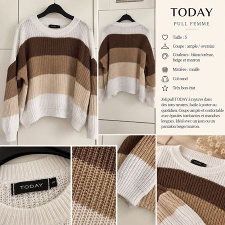 Pull femme Today rayé blanc beige marron taille S bon état