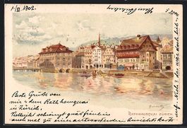 Lithographie Zürich, Rathhausquai, 1902