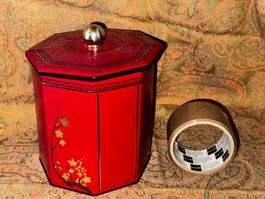 grande boîte fer blanc ancienne octogonal motif asiatique