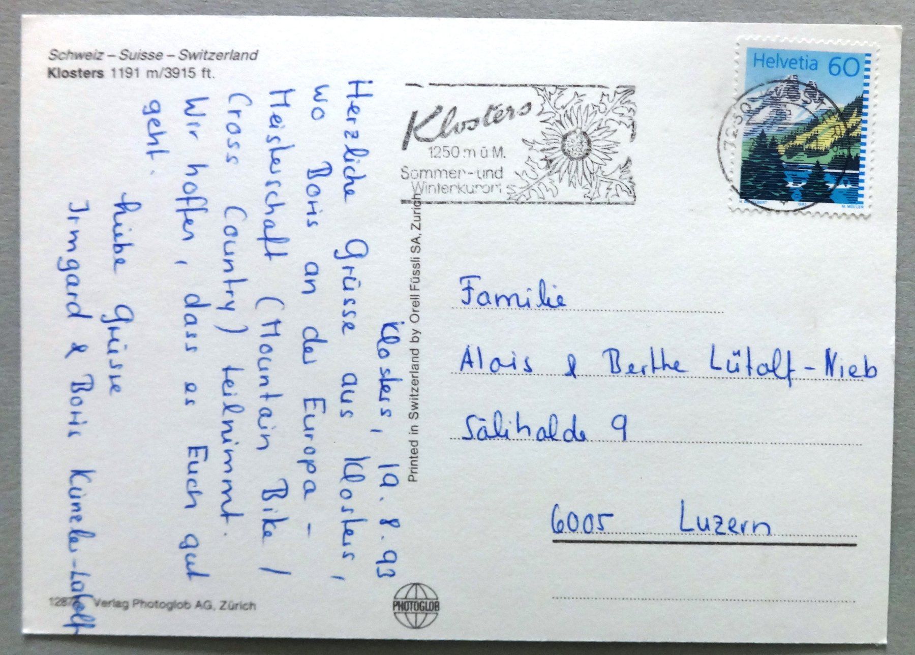 Cartoline postali: Klosters 1191 m – Usato da Fétigny venduto da Billy2miny 1