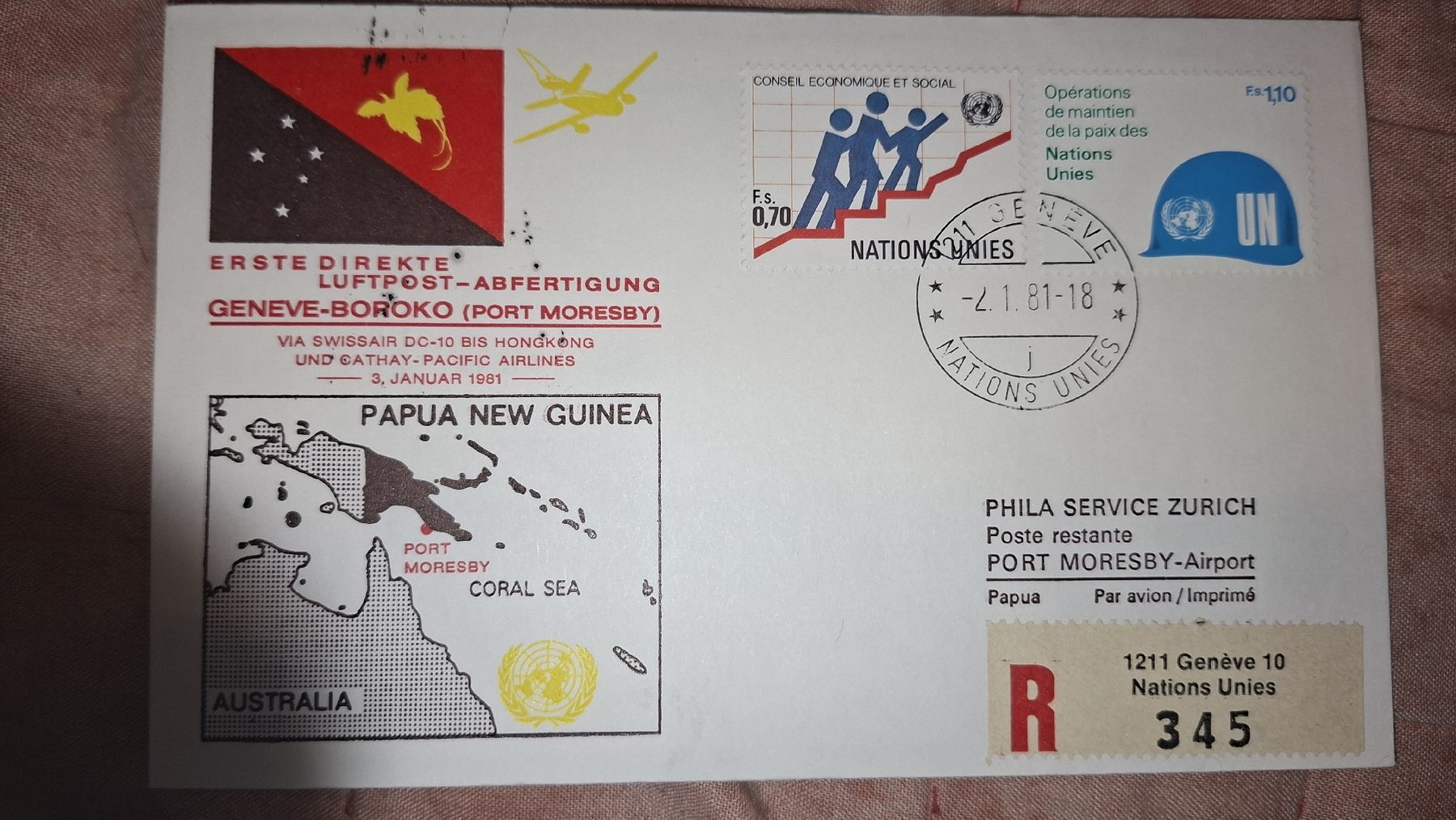 Alle Briefmarken: Swissair Geneve - Boroko 03.01.1981 – Gebraucht aus Balgach von SIMEON27