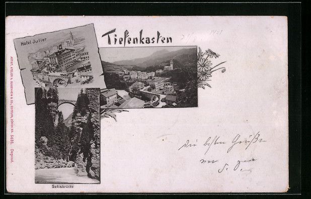 Cartes postales: Tiefencastel, Ortsansicht, Hotel Julier, – D'occasion à Berlin par bartko-reher
