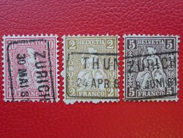 1881, saubere drei TRANSIT-STEMPEL: ZÜRICH+THUN Nr.38+37+30
