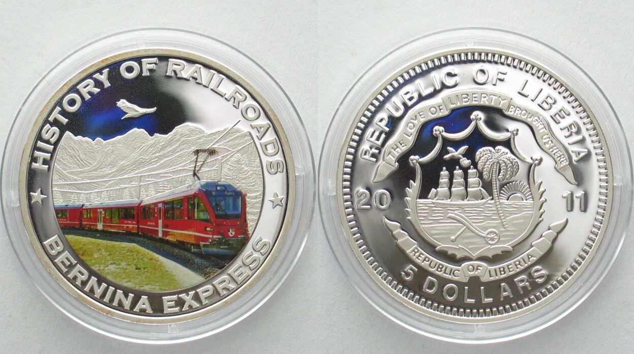 Alle Münzen: LIBERIA 5 Dollars 2011 BERNINA EXPRESS Silber Farbe PP – Gebraucht aus Riehen von sesambestcoins2004