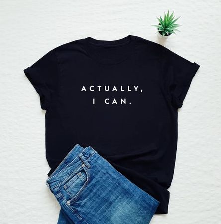Schwarzes T-Shirt mit Aufdruck "Actually, I can." Gr. M