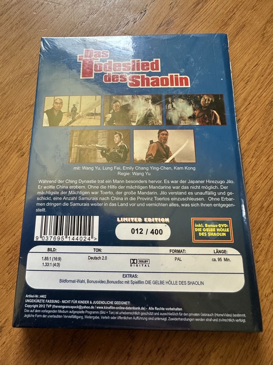 Alle DVDs: Das Todeslied des Shaolin neu kl. Hartbox TVP – Neu und originalverpackt aus Benken ZH von Audi-erich 1