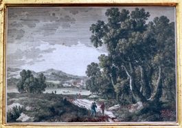 Kolorierter Kupferstich, am Waldrand, um 1730