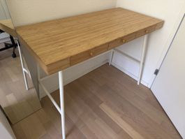 Schreibtisch Bambus Holzoptik mit Schubladen weiss Beine