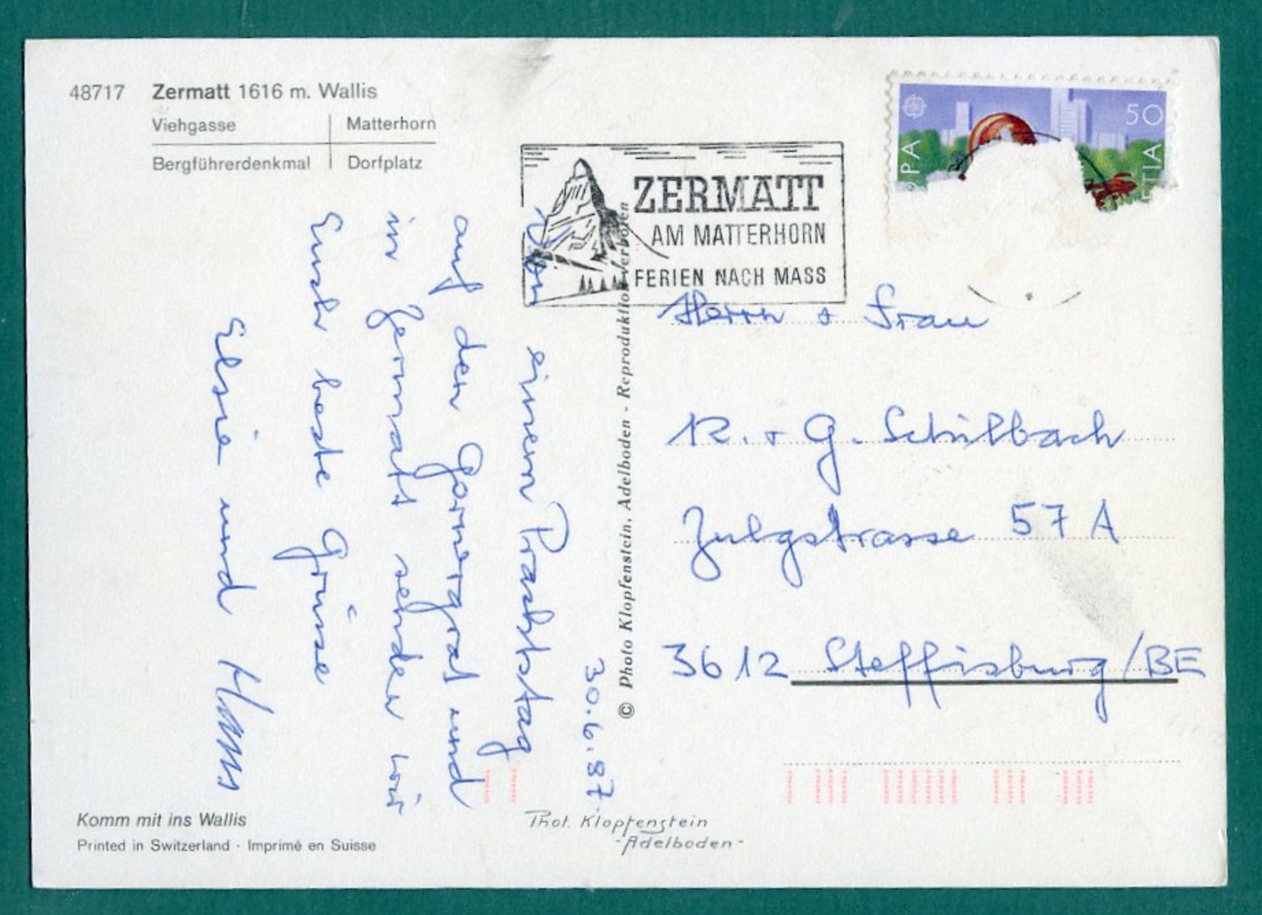 Cartoline postali: Zermatt, 4 Ansichten, 1987, gelaufen, Grossformat – Usato da Sargans venduto da Hausi1951 1