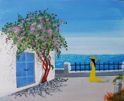 Acrylbilder Frau m Haus am Meer und Federn