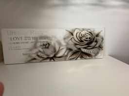 Grosses Wandbild mit Rosen-Motiv und Spruch, 150x50cm