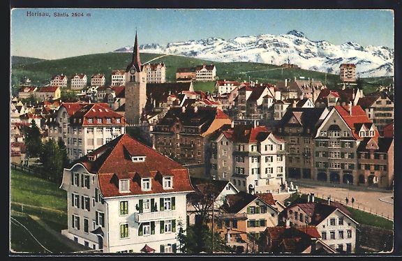 Cartoline postali: AK Herisau, Ortsansicht mit Säntis – Usato da Berlin venduto da bartko-reher
