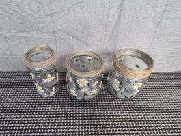 Windlichter mit echten Gänseblümchen und Jute, 3 Stück, hand