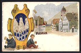Fleurier, Teilansicht mit Kirche, Wappen