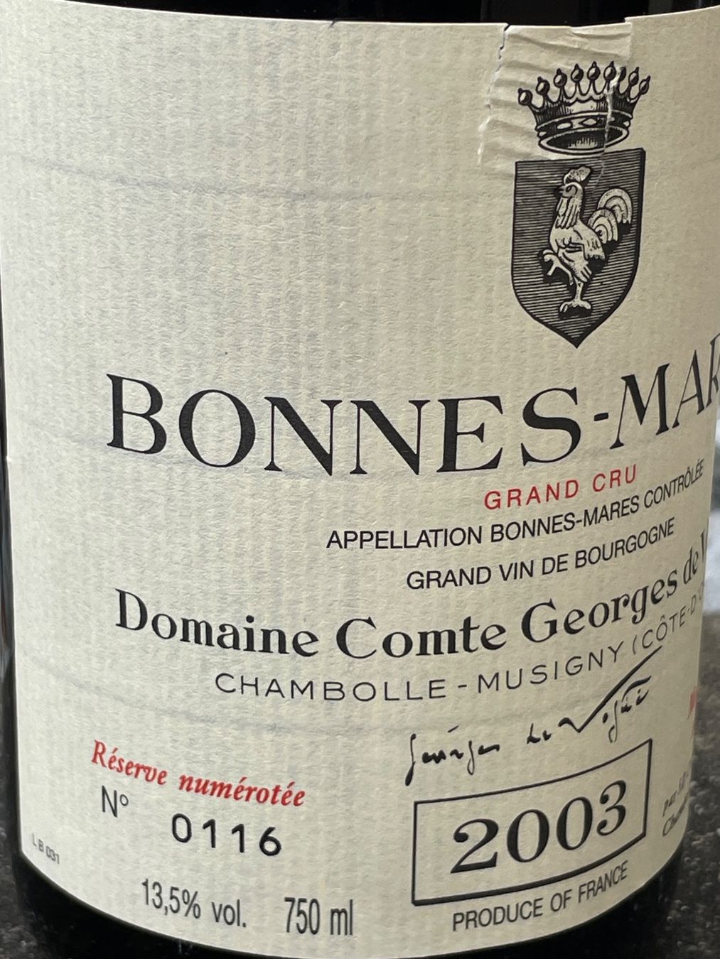Domaine Comte de Vogüé Vino: Domaine Comte Georges de Vogüé Bonnes Mares 2003 – Usato da Oberwil BL venduto da wangdang 1