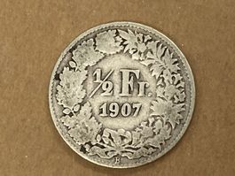 SVIZZERA 1/2  FR MONETA IN ARGENTO 1907 usata - circolata