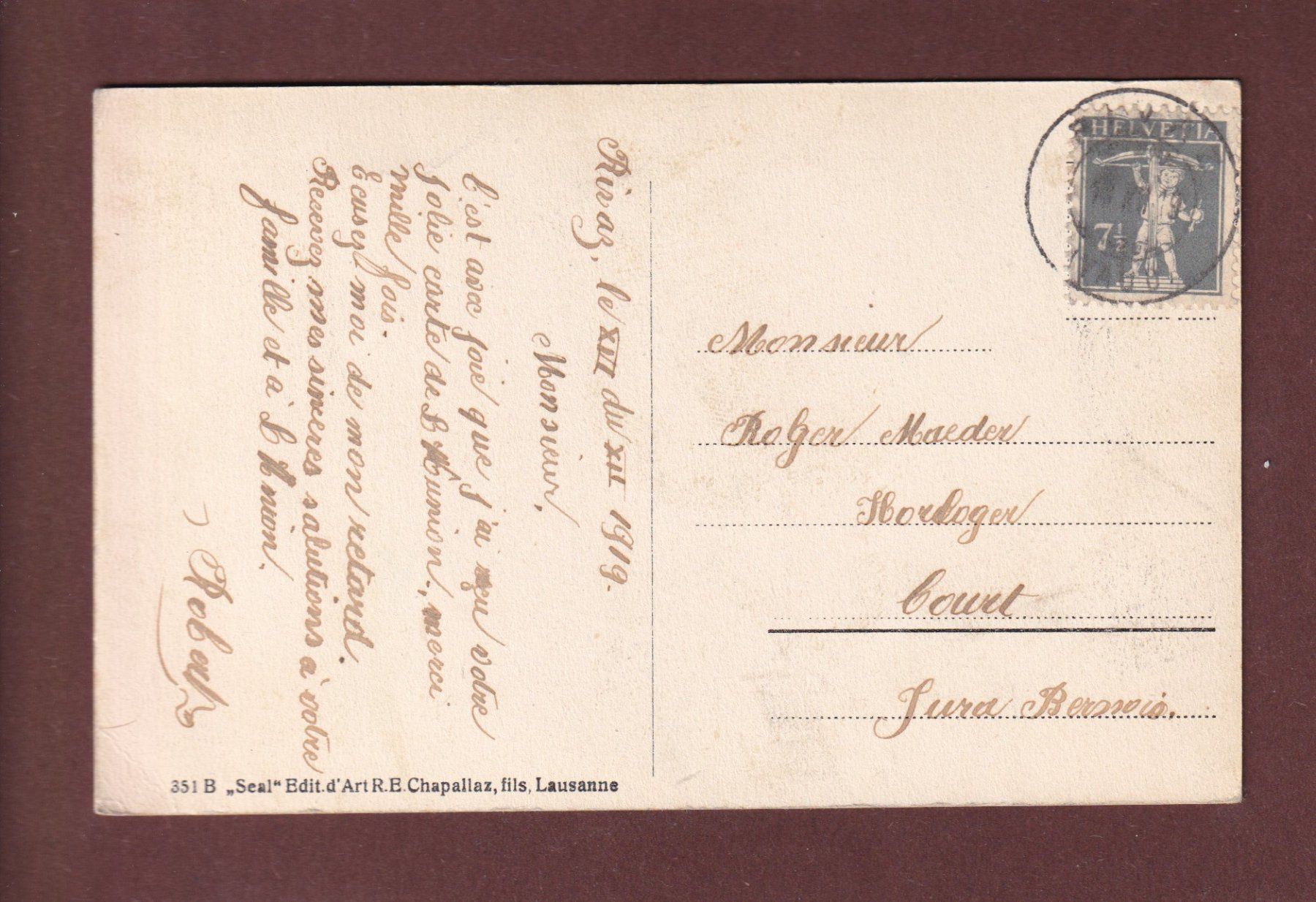 Cartoline postali: PUIDOUX - La Chapelle - 1919 – Usato da Pully venduto da nicecards-shop 1
