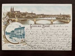 GRUSS AUS BASEL 2 Bild, Hotel Jura, LITHO, 1900