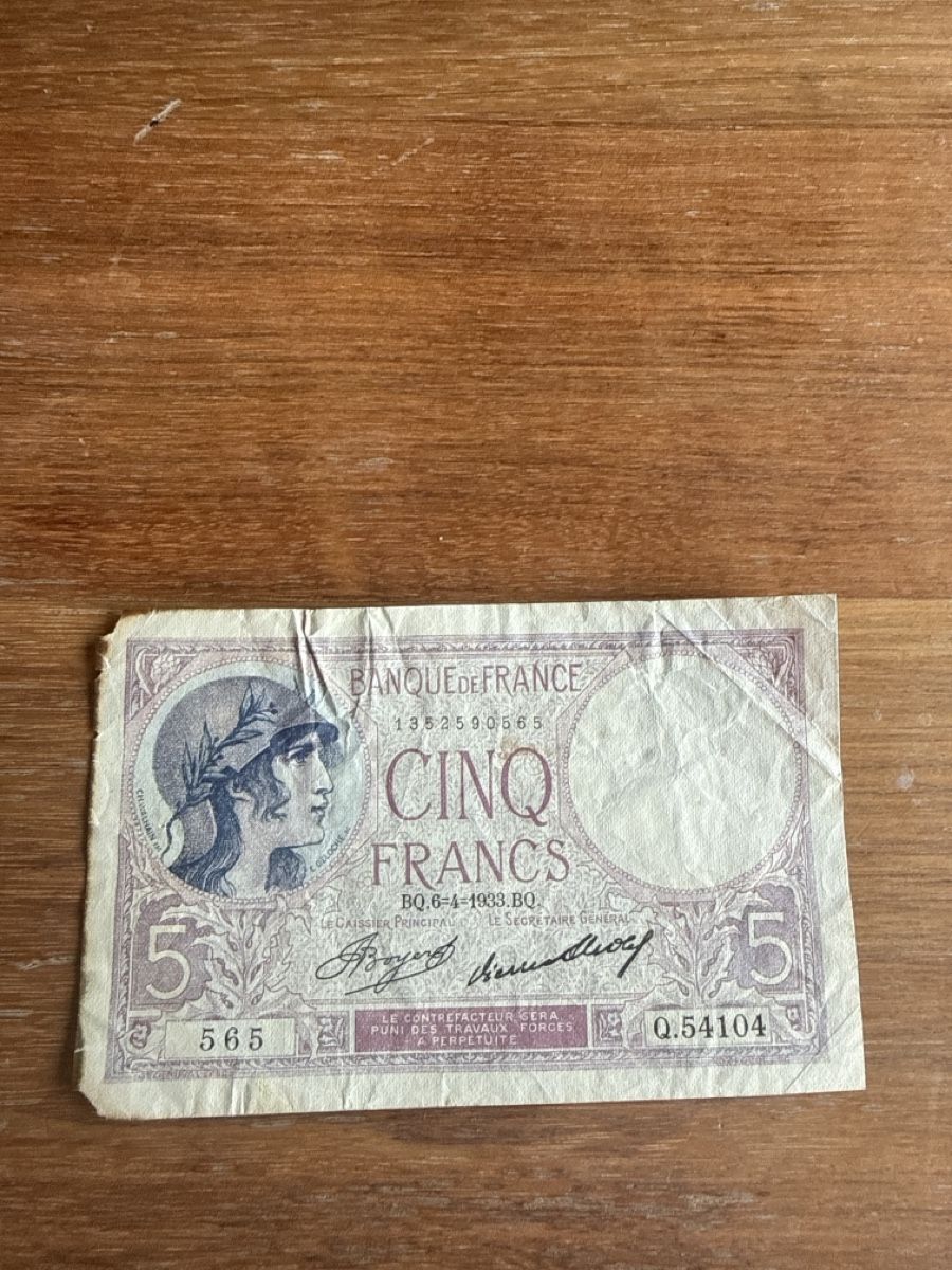 Banconote: Billet 5 francs français ancien – Usato da Genève venduto da math_cedra