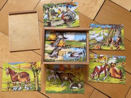 Puzzle en cubes en bois motif ferme avec boîte en bois