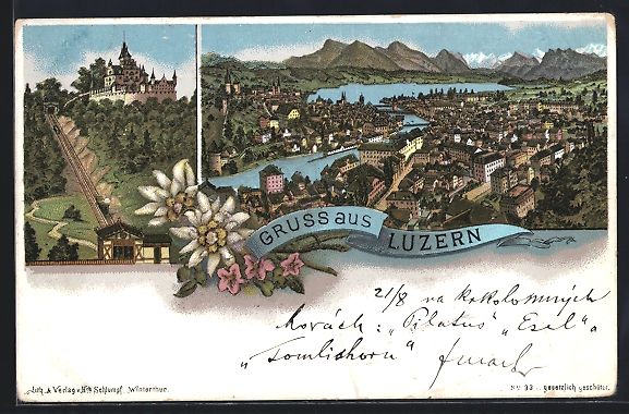 Cartoline postali: Litho Luzern, Ortsansicht mit See, Blick – Usato da Berlin venduto da bartko-reher