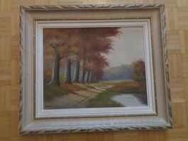 Herbstliches Ölgemälde "Larnes" im Rahmen, Vintage Stil