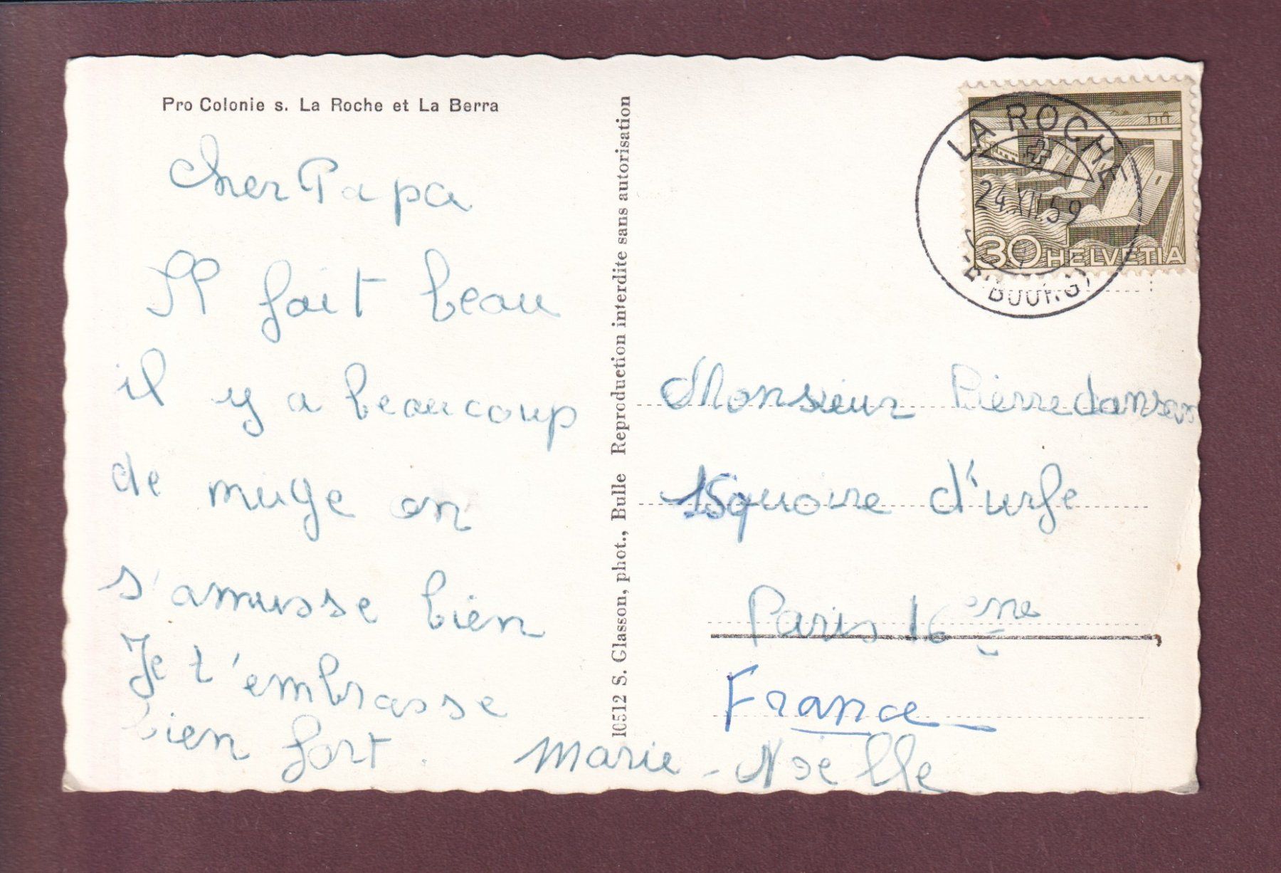 Cartoline postali: LA ROCHE - Pro Colonie - La Berra - 1959 – Usato da Pully venduto da nicecards 1