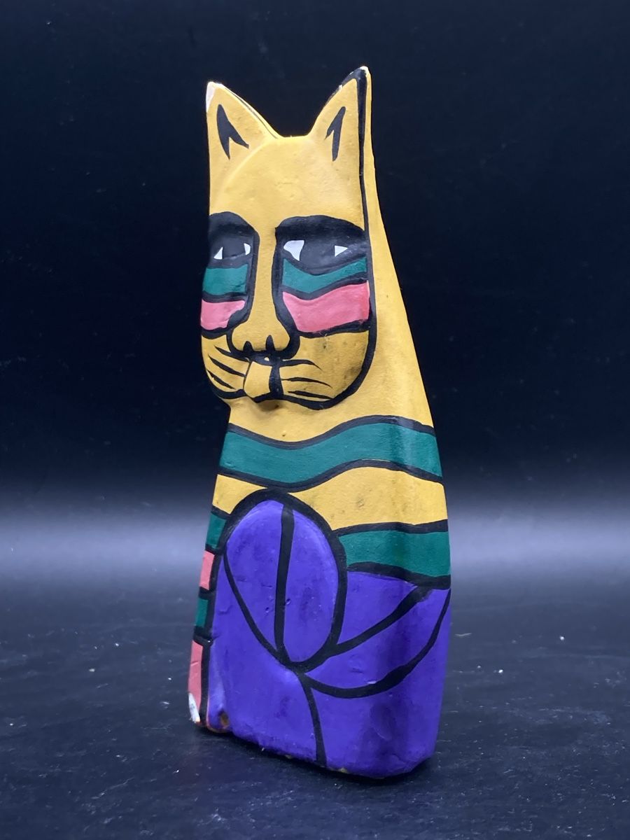 Statuette: Bunte handbemalte Laurel Burch Holz-Katze, Vintage – Usato da Vinelz venduto da Viewfinder84