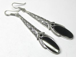 Antik Ohrringe lange Ohrhänger Silber 925 / Onyx