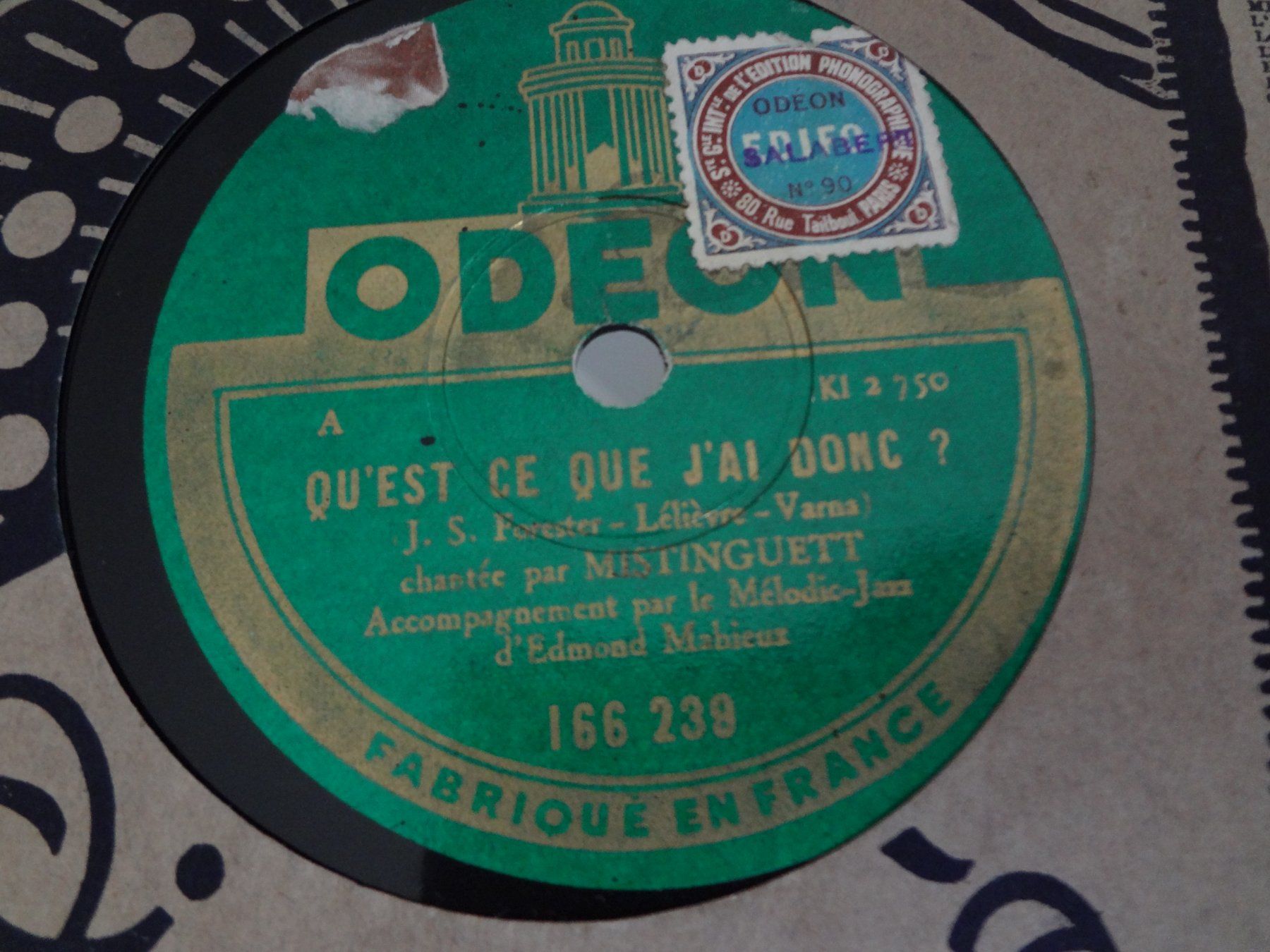 Schallplatten: Disque 78 tours Odéon aiguille de Mistinguett - 166.239 – Gebraucht aus Aigle von Robflac55