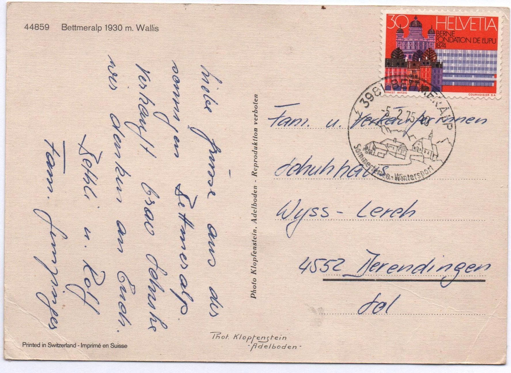 Cartoline postali: BETTMERALP Nr. 44859 – Usato da Jona venduto da philajona 1