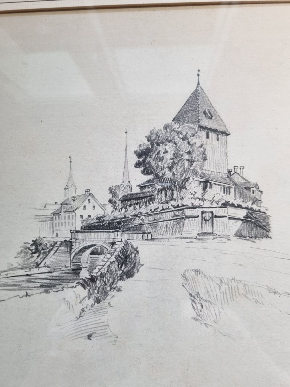 Foto & Immagini: Original Bleistiftzeichnung "Der Baumgarten" mit Goldrahmen. – Usato da Trachslau venduto da post35 1
