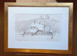 Zeichnung Max Widmer Winterlandschaft 45x33 cm gerahmt