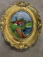 Bilderrahmen mit Stickerei Landschaft ländlich oval Goldfarb
