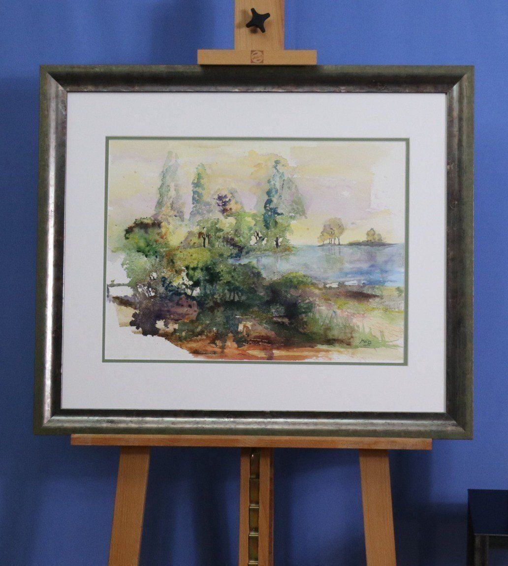 Dipinti: Melitta Progsch, Mischtechnik/Papier, Seeufer im Herbst – Usato da Zug venduto da Kunst-Fundgrube 4