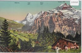 Mürren - Alphütte mit Kühen - Litho
