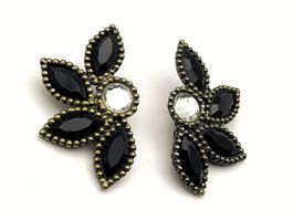 Vintage Ohrclips Messing schwarze Blätter Strass Cabochon