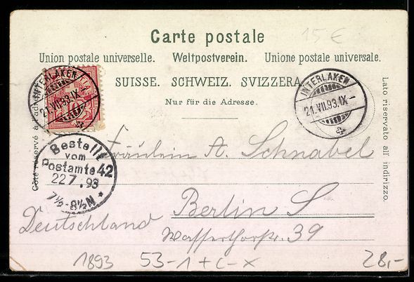 Cartoline postali: Vorläufer-Lithographie Interlaken, 1893 – Usato da Berlin venduto da bartko-reher 1