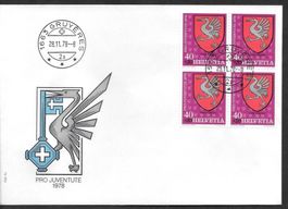 FDC Pro Juventute Viererblock J266 Orts-ET Gruyères 1978