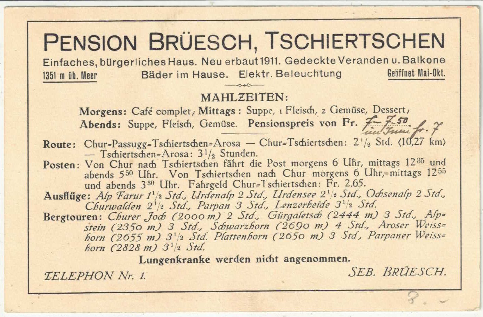 Ansichtskarten: Tschiertschen - Pension  Brüesch – Gebraucht aus Ettingen von Kartenplanet 1