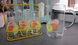 Vintage Limonadenkrug + 6 Gläsern im Metallständer, 70/80er